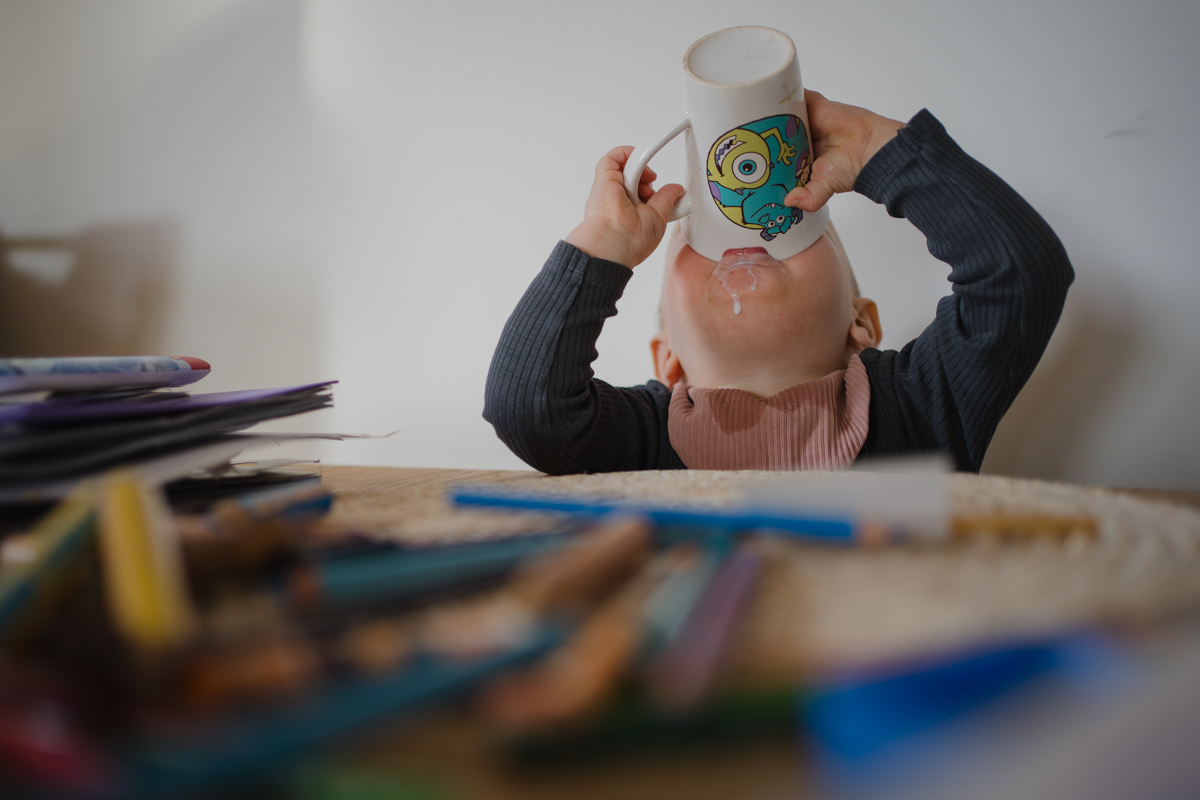 Kleinkind trinkt aus der Tasse Milch. Authentische Familienfotografie aus dem Alltag in Graz.